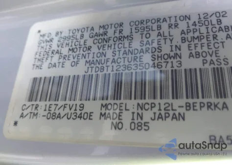 2003 Toyota Echo z USA, uszkodzony, nr VIN JTDBT123635046713